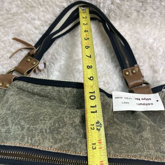 Uddini  grey distressed canvas large tote with brown faux leather trims - Picture 10 of 14